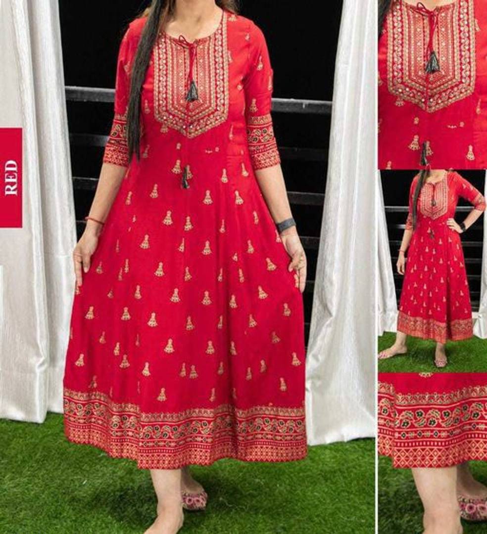 Stylish Rayon Red Printed Anarkali Kurta For Women