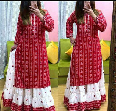 Alluring Red Rayon Printed Kurta with Skirt Set For Women
