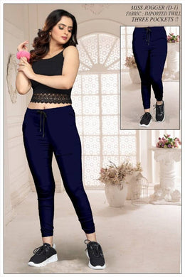 Elegant Navy Blue Cotton Stretchable Imported Twill Joggers Pant For Women