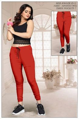 Elegant Red Cotton Stretchable Imported Twill Joggers Pant For Women