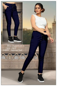 Elegant Navy Blue Cotton Stretchable Imported Twill Joggers Pant For Women