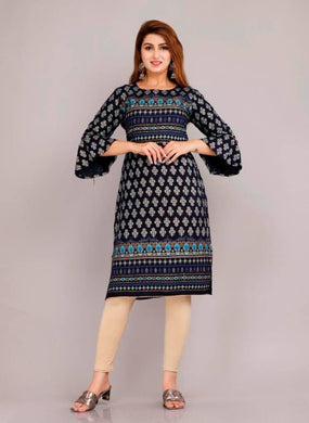 Fabulous Navy Blue Rayon Printed Kurta For Women