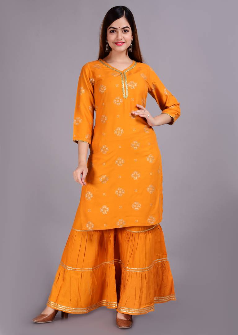 Rayon Yellow Straight Kurta Bottom Set