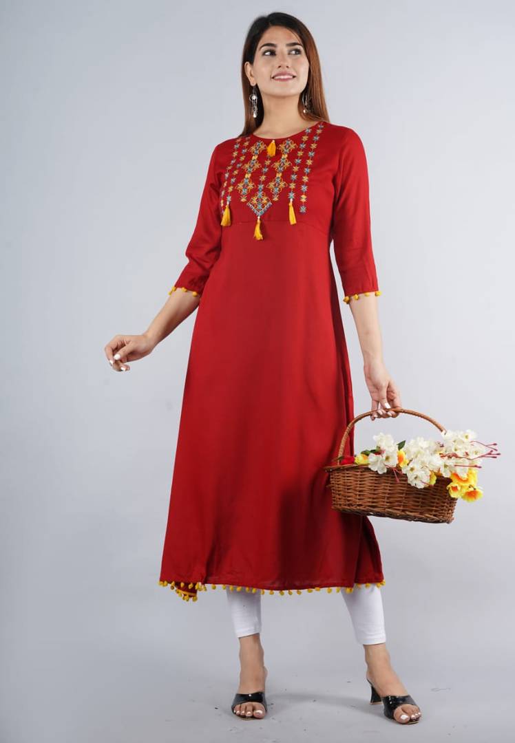 Stylish Rayon Red Pom- Pom Work 3/4 Sleeves A-Line Kurta For Women