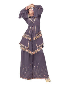 Fabulous Purple Faux Georgette Embroidered Kurta with Palazzo Set For Women