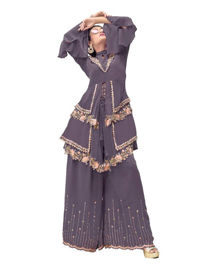 Fabulous Purple Faux Georgette Embroidered Kurta with Palazzo Set For Women