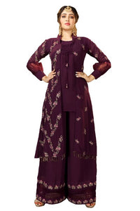 Fabulous Purple Faux Georgette Embroidered Kurta with Palazzo And Jacket Set For Women
