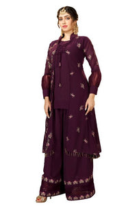 Fabulous Purple Faux Georgette Embroidered Kurta with Palazzo And Jacket Set For Women
