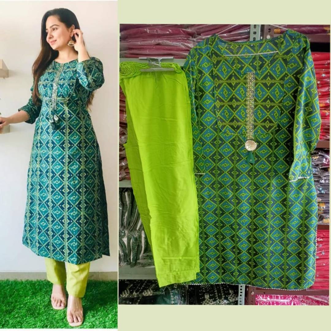 Stylish Rayon Green Printed Round Neck 3/4 Sleeves Kurta With Pant Set For Women