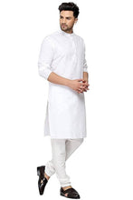 Load image into Gallery viewer, Stylish White Cotton Solid Straight Kurta Pyjama Set For Men