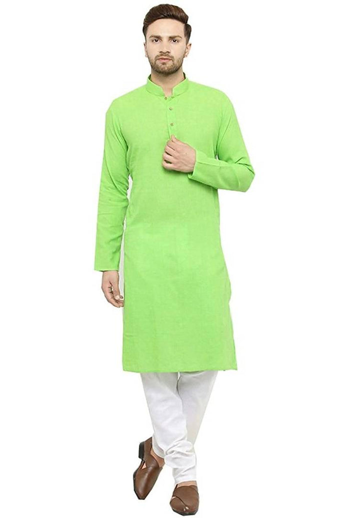 Stylish Green Cotton Solid Straight Kurta Pyjama Set For Men