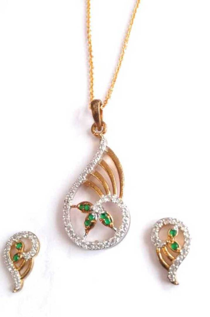 A Modern Brass Jewellery Set of Gold & Silver Plated American Diamond Pendant Necklace Set along with earnings and 18 inch Gold plated Chain. Light weight for Women & Girls for all occasions