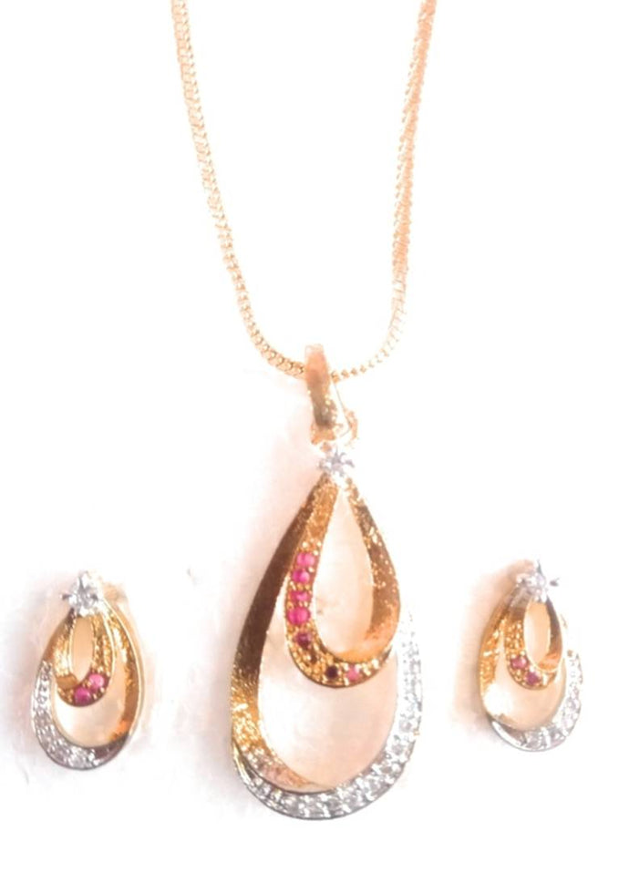 A Modern Brass Jewellery Set of Gold & Silver Plated American Diamond Pendant Necklace Set along with earnings and 18 inch Gold plated Chain. Light weight for Women & Girls for all occasions