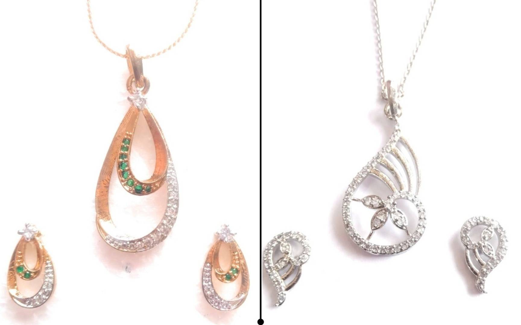 Collection Of Two Different Ethnic & Modern & Light Weight Brass Necklace Set Along With Earrings And 18 Inch Gold Plated Chain For Women & Girls And Working Professionals With Gold & Silver Plating, American Diamond & Studs