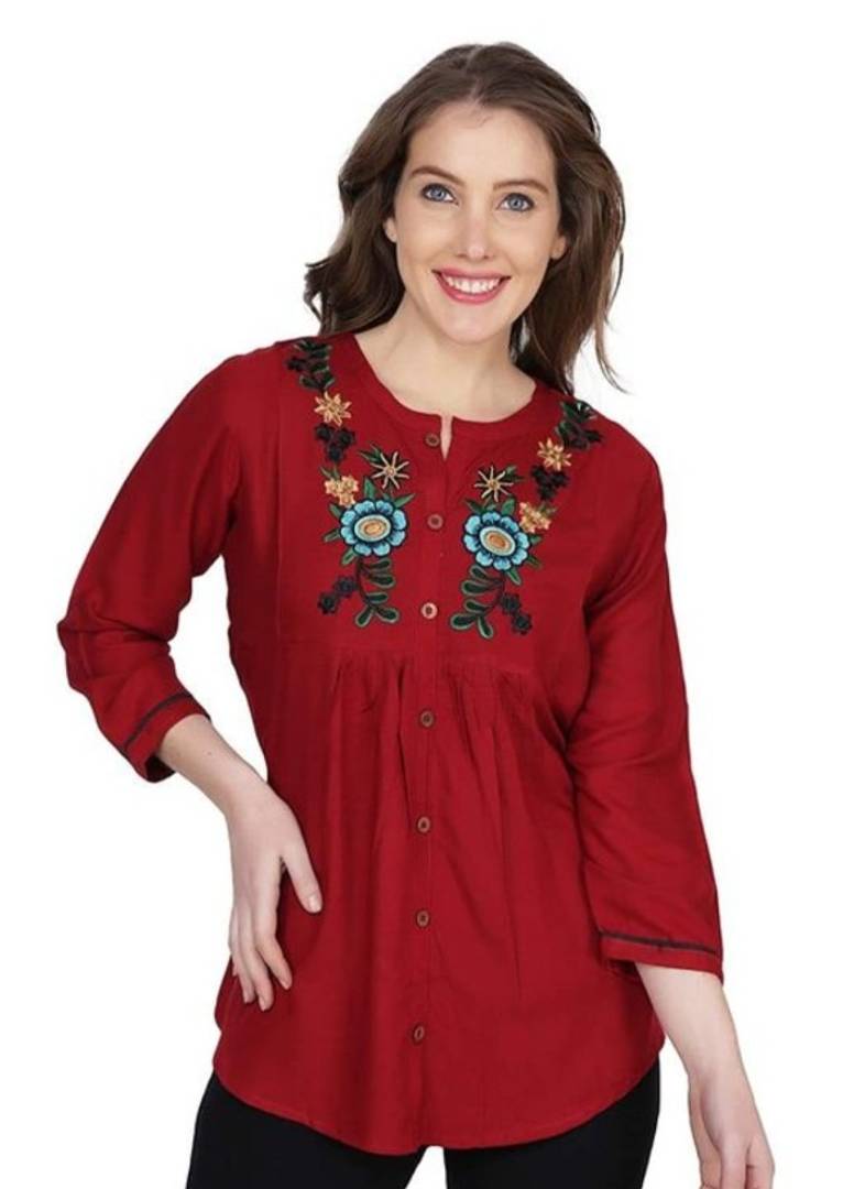 Stylish Rayon Embroidered 3/4 Sleeves Top For Women