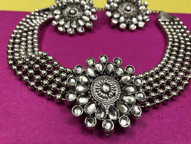 Elegant Alloy Oxideised Silver Choker And Earring Set - Jewellery Set