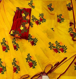 Stylish Chanderi Cotton Embroidered Saree With Blouse Piece
