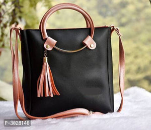 Women's Black Regular Size Solid Faux Leather Handbag