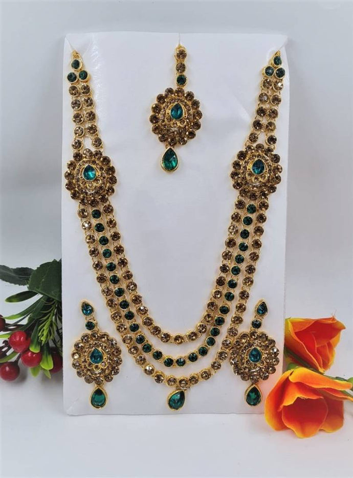 Gold Plated Wedding Bridal Necklace Jewellery Set with Earring with mang tikka