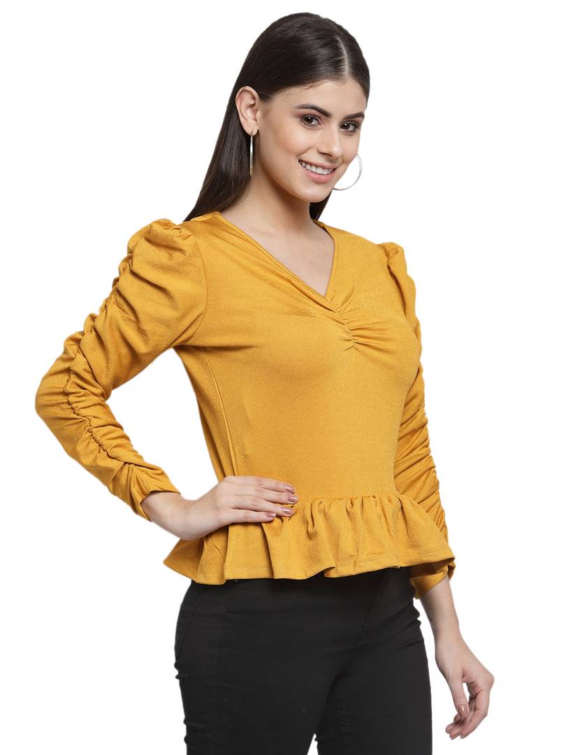 Solid Mustard V Neck Peplum Top With Ruching Details In Front And Sleeves