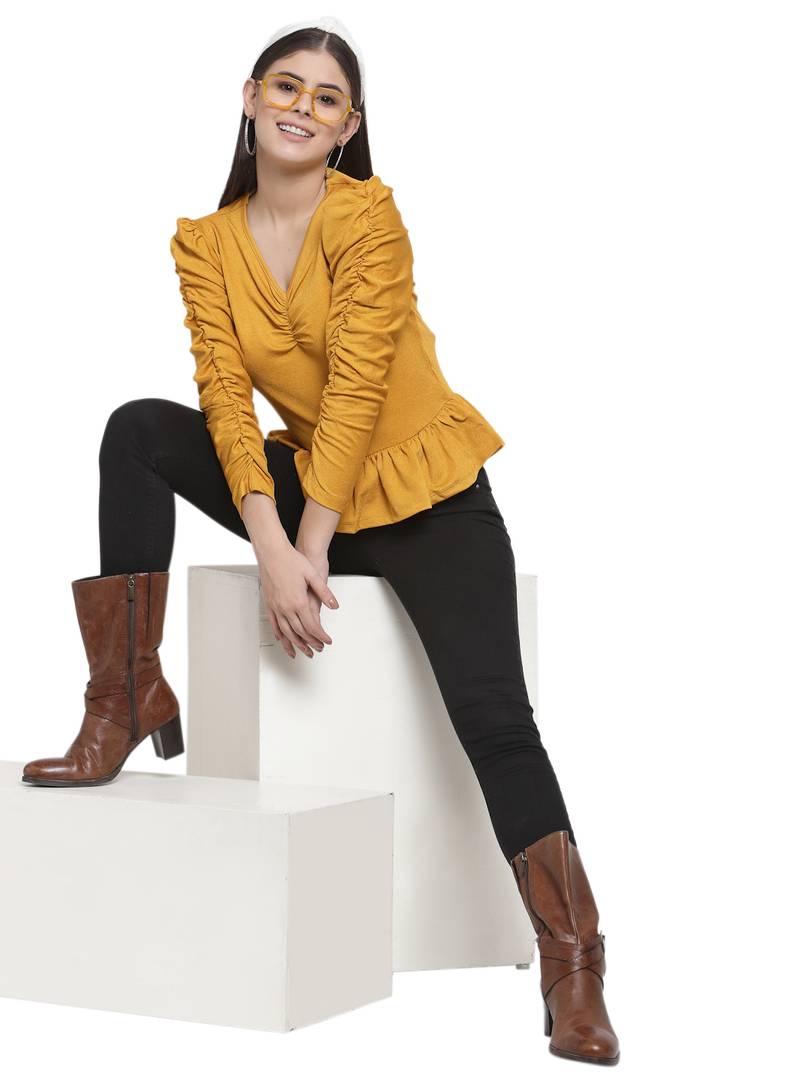 Solid Mustard V Neck Peplum Top With Ruching Details In Front And Sleeves