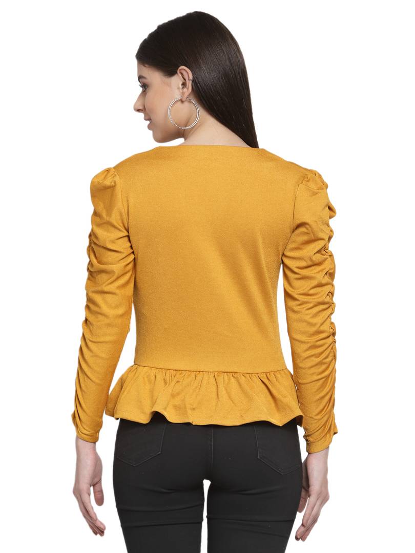 Solid Mustard V Neck Peplum Top With Ruching Details In Front And Sleeves