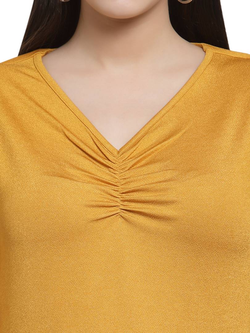 Solid Mustard V Neck Peplum Top With Ruching Details In Front And Sleeves