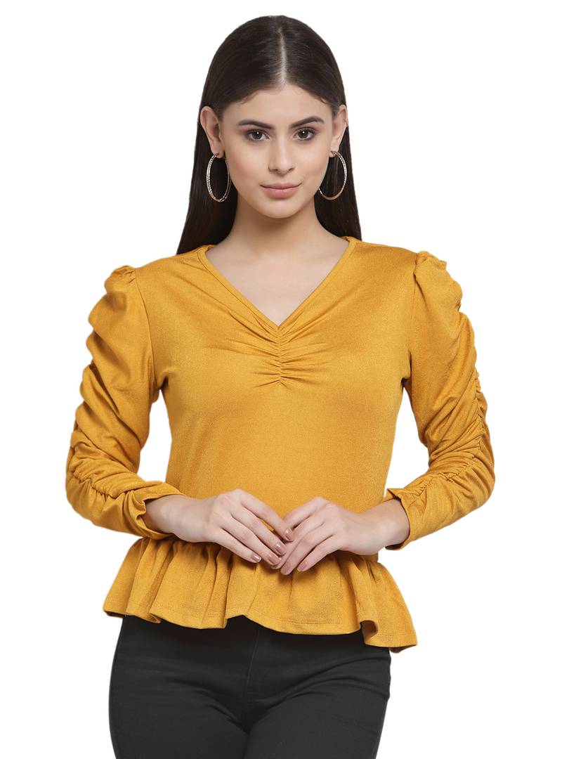 Solid Mustard V Neck Peplum Top With Ruching Details In Front And Sleeves