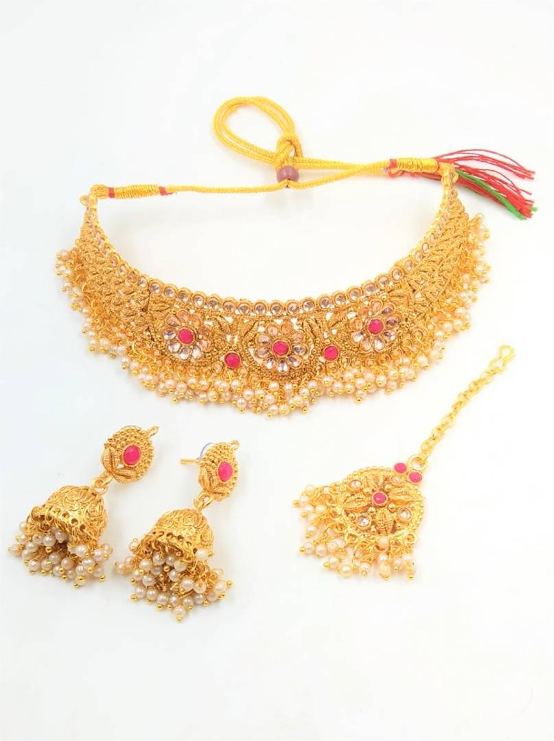 Pink pearl gold plated choker necklace set