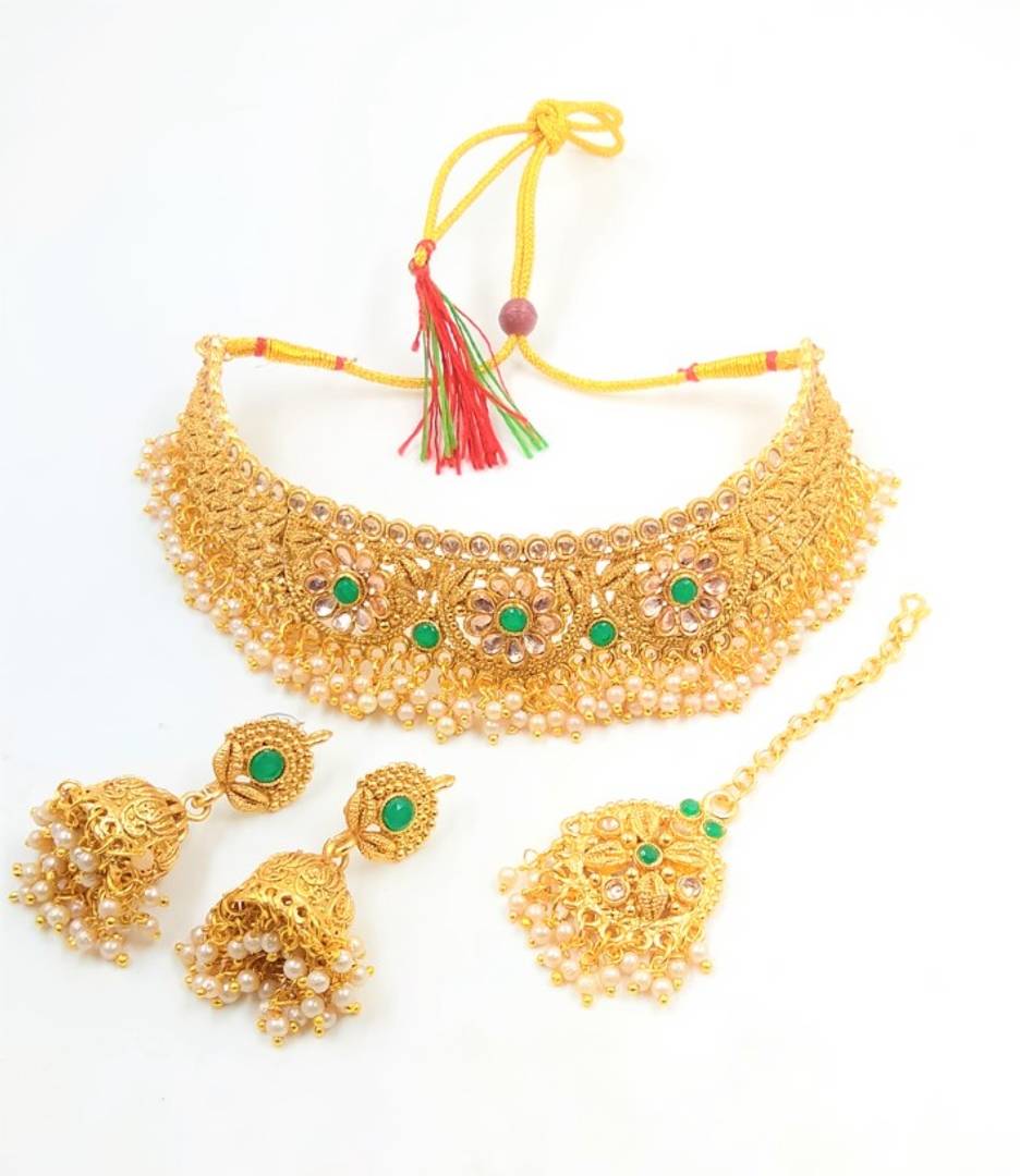 Green pearl gold plated necklace jewellery set