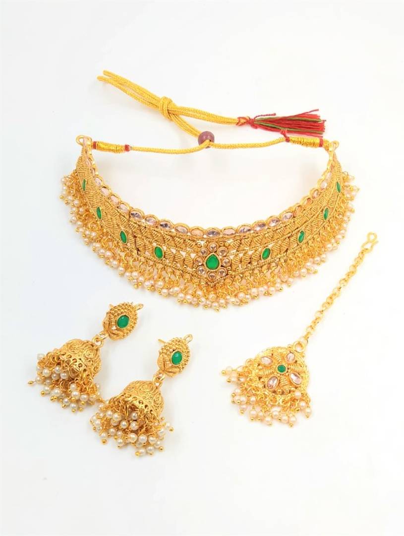 Green pearl choker gold plated necklace set