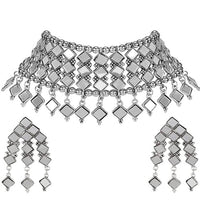 Load image into Gallery viewer, Silver Oxidized Western Mirror Style Designer Antique Traditional Choker Necklace Set with Mirror Earrings For Women &amp; Girls (mirror necklace)