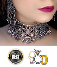 Load image into Gallery viewer, Silver Oxidized Western Mirror Style Designer Antique Traditional Choker Necklace Set with Mirror Earrings For Women &amp; Girls (mirror necklace)