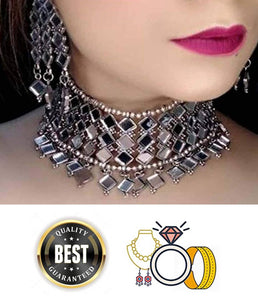 Silver Oxidized Western Mirror Style Designer Antique Traditional Choker Necklace Set with Mirror Earrings For Women &amp; Girls (mirror necklace)