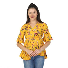 Load image into Gallery viewer, Mustard Floral Printed Crepe Wrap Top