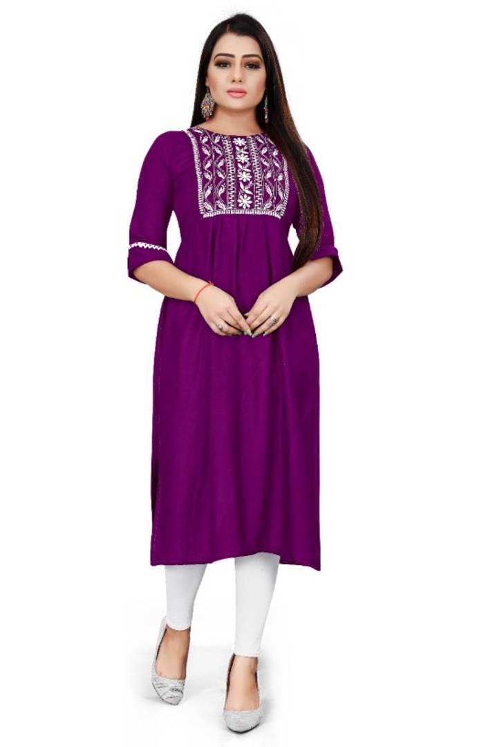 Stylish Rayon Embroidered Round Neck 3/4 Sleeves Kurta For Women