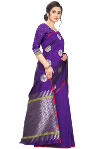 Stylish Purple Cotton Blend Silver Zari Butta Butti Paisley Woven Jacquard Banarasi Style Saree With Unstitched Blouse Piece