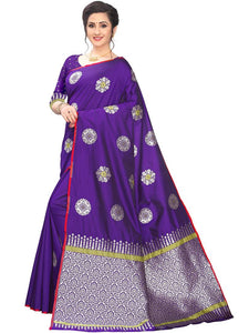 Stylish Purple Cotton Blend Silver Zari Butta Butti Paisley Woven Jacquard Banarasi Style Saree With Unstitched Blouse Piece
