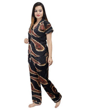 Load image into Gallery viewer, Fashionable Attractive Black Satin Printed Night Shirt with Pyjama For Women