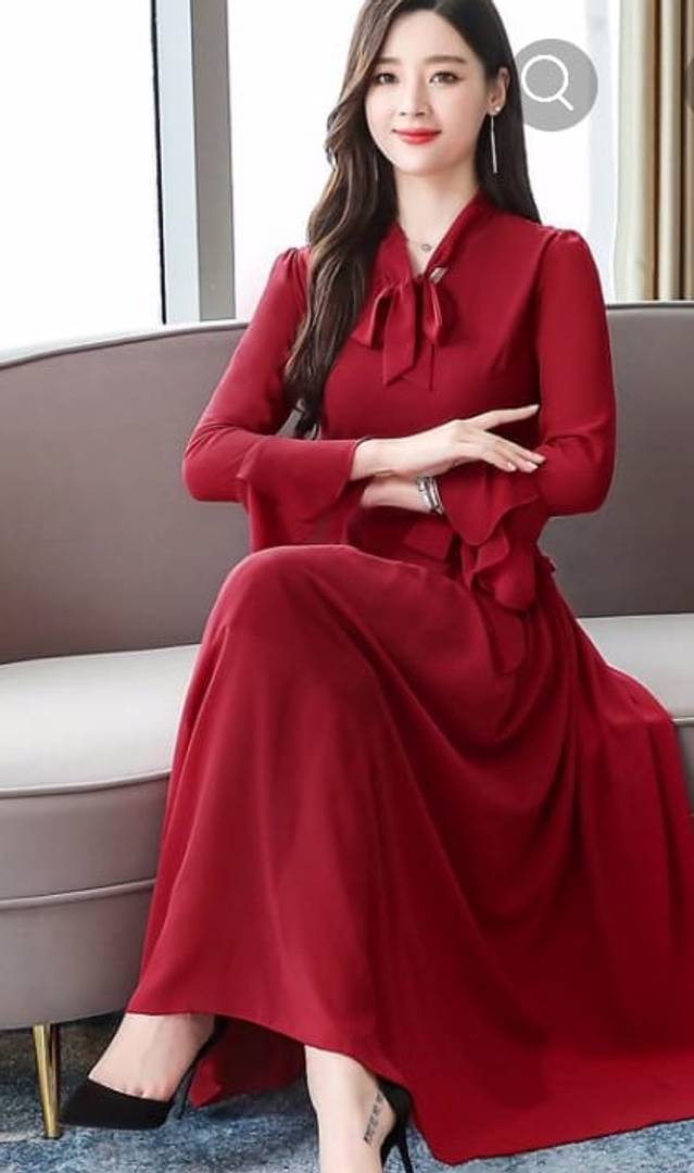 Stylish Georgette Maroon Solid Long Bell Design Sleeves Neck Knot Georgette Long Dress For Women