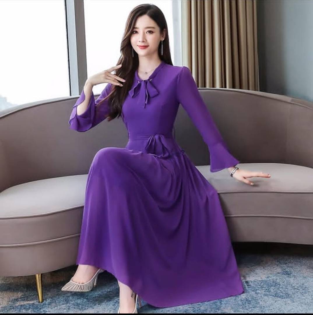 Stylish Georgette Purple Solid Long Bell Design Sleeves Neck Knot Georgette Long Dress  For Women