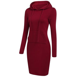 Women Solid Polycotton Red Hooded Front Pocket Dress