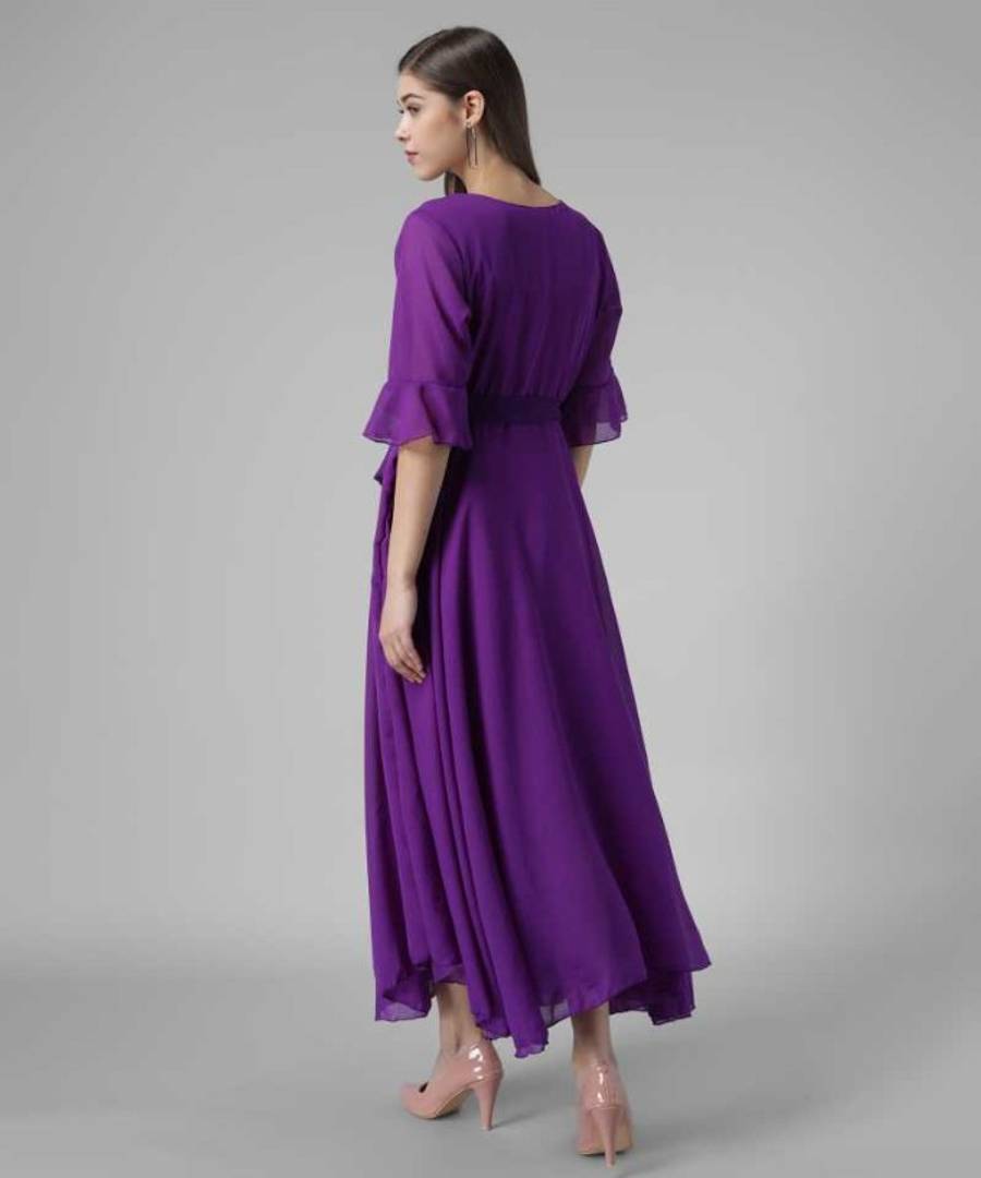 Elite Purple Solid Polyester Long Maxi Dress