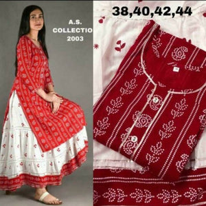 Alluring Red Rayon Printed Kurta with Skirt Set For Women