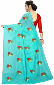 Trendy Chanderi Cotton Floral Embroidered Saree With Contrast Blouse Piece