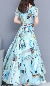 Sky Blue Graphic Printed Long Maxi Dress