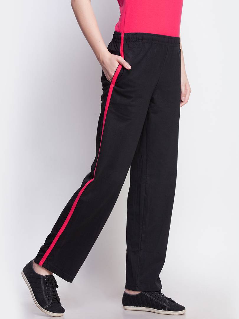 Elegant Black Cotton Self Pattern Track Pant For Women