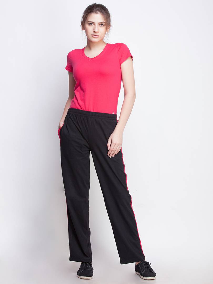 Elegant Black Cotton Self Pattern Track Pant For Women