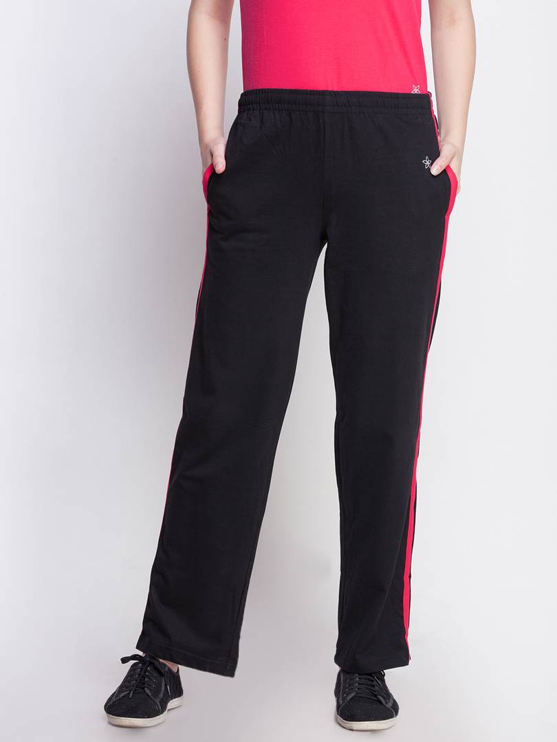 Elegant Black Cotton Self Pattern Track Pant For Women