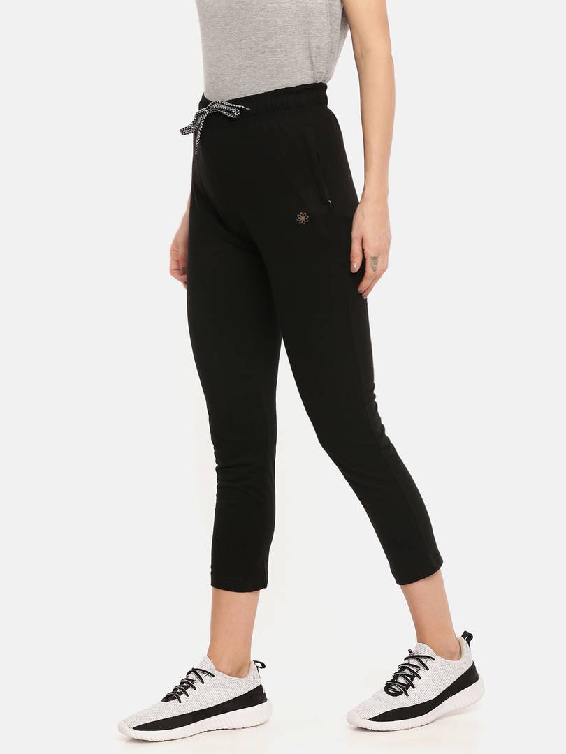 Elegant Black Cotton Self Pattern Track Pant For Women